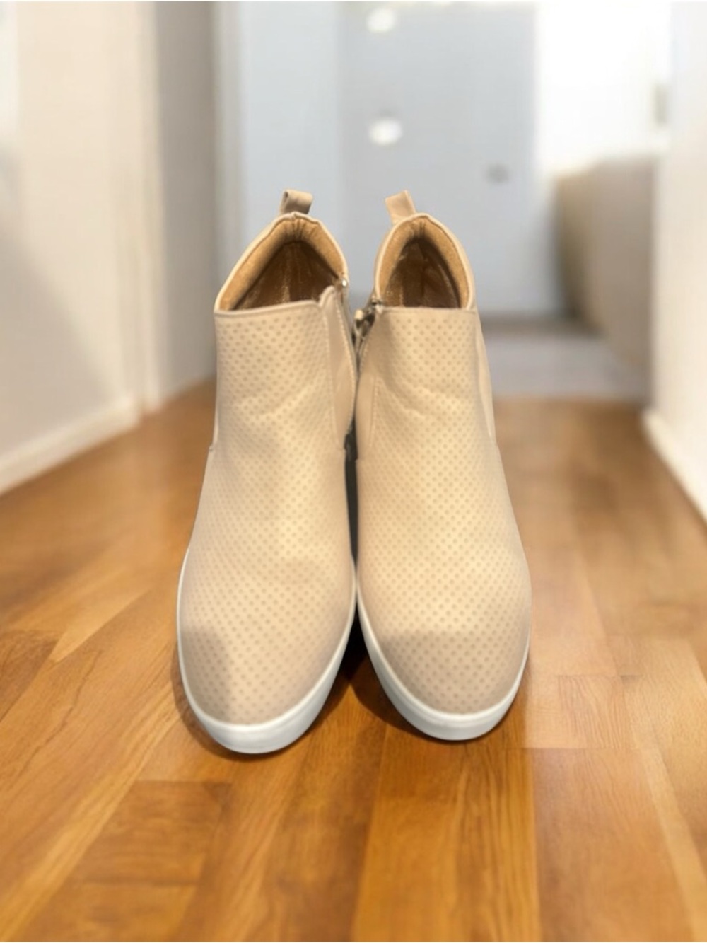 Women's Beige Perforated Ankle Booties with Side Zip